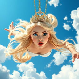 A beautiful blonde princess with an elegant tiara, sparkling blue eyes, and vibrant red lips, plummeting gracefully from a bright blue sky