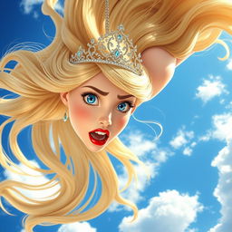 A beautiful blonde princess with an elegant tiara, sparkling blue eyes, and vibrant red lips, plummeting gracefully from a bright blue sky
