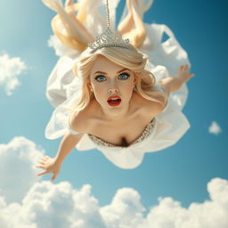 A beautiful blonde princess with stunning blue eyes and striking red lips, adorned with a sparkling tiara, gracefully falling from the sky