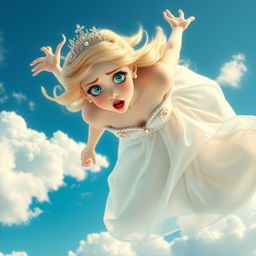 A beautiful blonde princess with stunning blue eyes and striking red lips, adorned with a sparkling tiara, gracefully falling from the sky