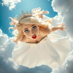 A beautiful blonde princess with stunning blue eyes and striking red lips, adorned with a sparkling tiara, gracefully falling from the sky