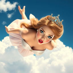 A beautiful princess with a tiara, featuring stunning blue eyes and luscious red lips, is depicted falling gracefully from the sky