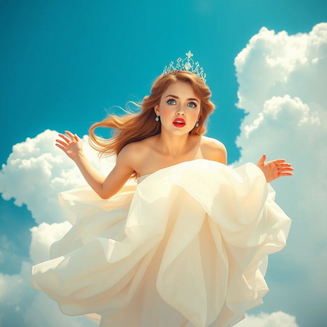 A beautiful princess with a tiara, featuring stunning blue eyes and luscious red lips, is depicted falling gracefully from the sky