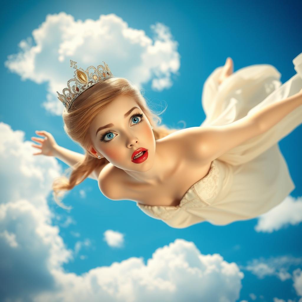 A beautiful princess with a tiara, featuring stunning blue eyes and luscious red lips, is depicted falling gracefully from the sky