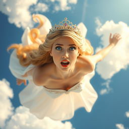 A beautiful princess with a tiara, featuring stunning blue eyes and luscious red lips, is depicted falling gracefully from the sky