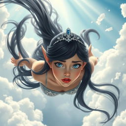 A beautiful black-haired elf princess with a sparkling tiara, striking blue eyes, and luscious red lips is gracefully falling from the sky