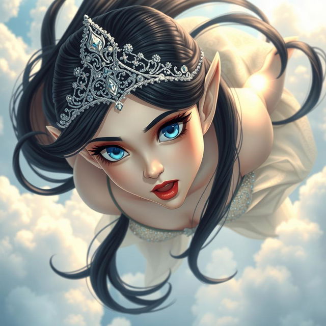 A beautiful black-haired elf princess with a sparkling tiara, striking blue eyes, and luscious red lips is gracefully falling from the sky