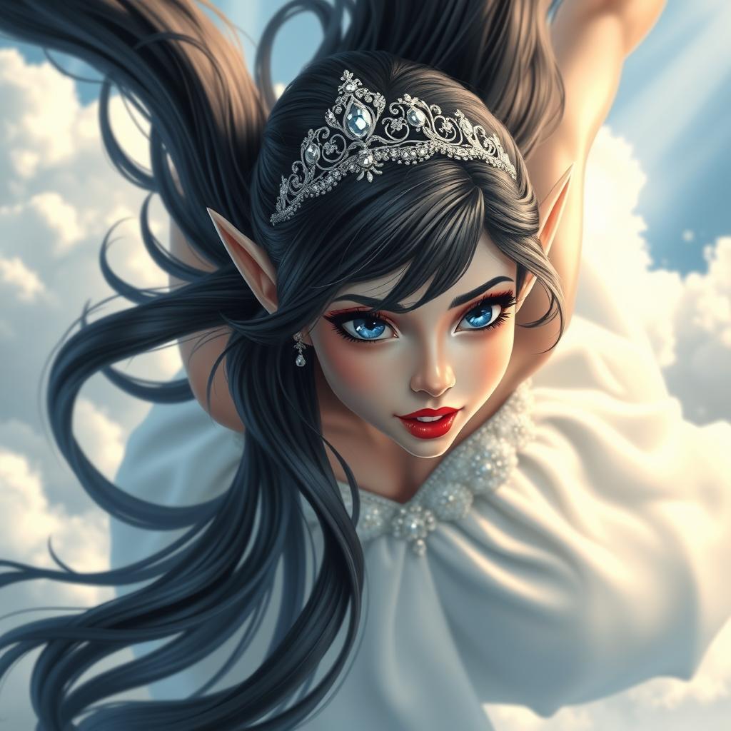 A beautiful black-haired elf princess with a sparkling tiara, striking blue eyes, and luscious red lips is gracefully falling from the sky