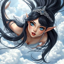 A beautiful black-haired elf princess with a sparkling tiara, striking blue eyes, and luscious red lips is gracefully falling from the sky
