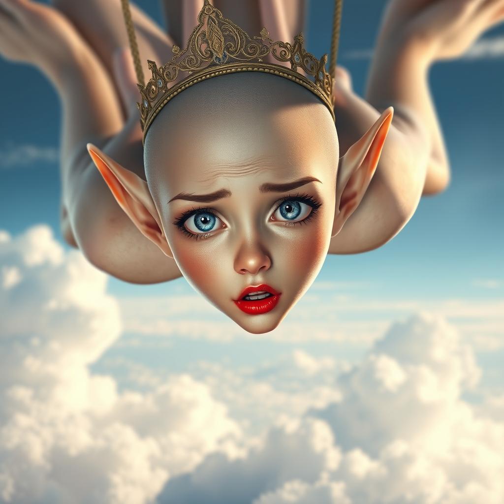 A beautiful bald elf princess wearing an elegant tiara, with striking blue eyes and vibrant red lips, is falling gracefully from the sky