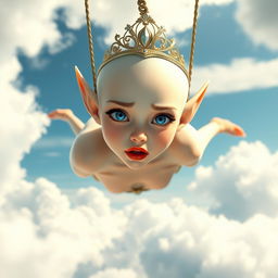 A beautiful bald elf princess wearing an elegant tiara, with striking blue eyes and vibrant red lips, is falling gracefully from the sky