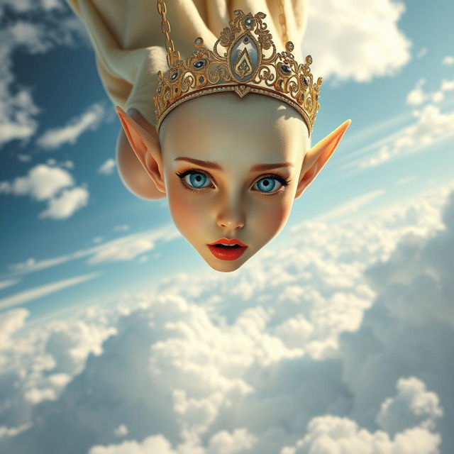 A beautiful bald elf princess wearing an elegant tiara, with striking blue eyes and vibrant red lips, is falling gracefully from the sky