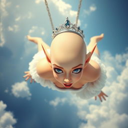 A beautiful bald elf princess wearing an elegant tiara, with striking blue eyes and vibrant red lips, is falling gracefully from the sky
