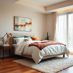 A modern, cozy bedroom with warm lighting, featuring a large queen-sized bed with plush white linens and an array of colorful decorative pillows