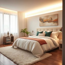 A modern, cozy bedroom with warm lighting, featuring a large queen-sized bed with plush white linens and an array of colorful decorative pillows