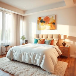 A modern, cozy bedroom with warm lighting, featuring a large queen-sized bed with plush white linens and an array of colorful decorative pillows