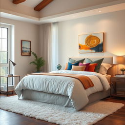 A modern, cozy bedroom with warm lighting, featuring a large queen-sized bed with plush white linens and an array of colorful decorative pillows