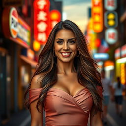A stunning portrait of a confident woman in her 30s with long flowing brunette hair, wearing an elegant off-shoulder dress that showcases her grace