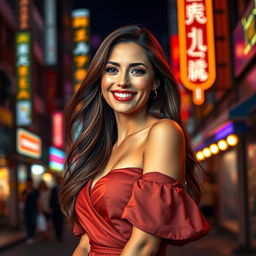 A stunning portrait of a confident woman in her 30s with long flowing brunette hair, wearing an elegant off-shoulder dress that showcases her grace