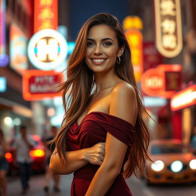 A stunning portrait of a confident woman in her 30s with long flowing brunette hair, wearing an elegant off-shoulder dress that showcases her grace