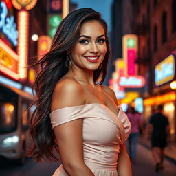 A beautiful portrait of a confident woman in her 30s with long flowing brunette hair and a curvaceous figure, accentuated by her fuller bust