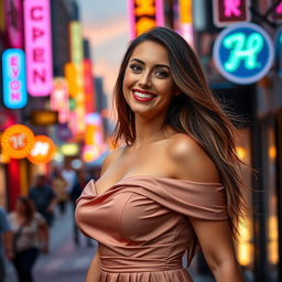 A beautiful portrait of a confident woman in her 30s with long flowing brunette hair and a curvaceous figure, accentuated by her fuller bust