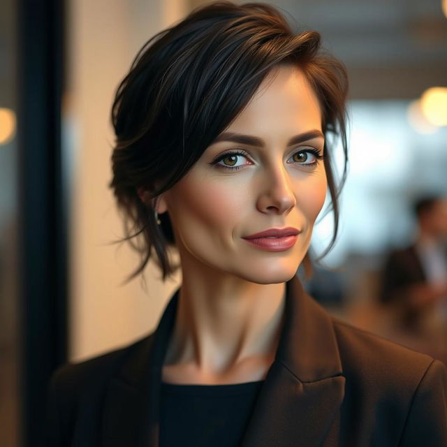 An Italian woman, 40 years old, with dark chestnut hair reaching shoulder length and slightly wavy