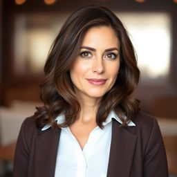 An Italian woman, 40 years old, with dark chestnut hair reaching shoulder length and slightly wavy