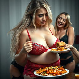 A poignant scene featuring a beautiful young woman with flowing blonde hair, a thin face, and a curvy body, crying as tears roll down her cheeks