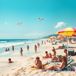 A serene and peaceful landscape depicting a vibrant summer day at a family-friendly beach