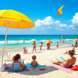A serene and peaceful landscape depicting a vibrant summer day at a family-friendly beach