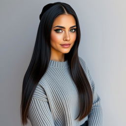 A 30-year-old Italian woman, tall with long sleek black hair styled in a smooth bun