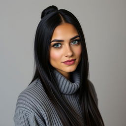 A 30-year-old Italian woman, tall with long sleek black hair styled in a smooth bun