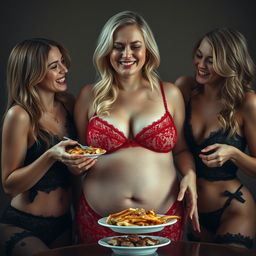 A poignant scene featuring a beautiful young woman with blonde hair, a thin face, and a curvy body, crying with tears as she displays a massive sagging wide pot belly and large soft breasts, dressed in tiny sheer lacey red lingerie