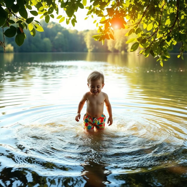 A serene and innocent landscape featuring a peaceful lake surrounded by lush greenery, with gentle sunshine filtering through the leaves