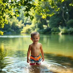A serene and innocent landscape featuring a peaceful lake surrounded by lush greenery, with gentle sunshine filtering through the leaves