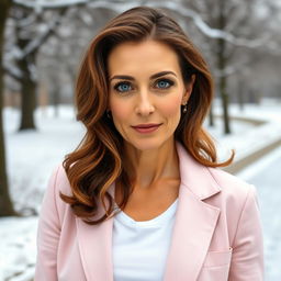 A 40-year-old Italian woman with chestnut medium-length hair styled in soft waves