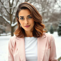 A 40-year-old Italian woman with chestnut medium-length hair styled in soft waves