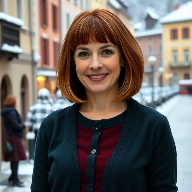 A 40-year-old Italian woman with a chic bob haircut and hair in a reddish-brown color