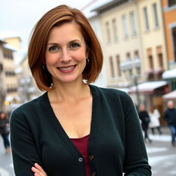 A 40-year-old Italian woman with a chic bob haircut and hair in a reddish-brown color