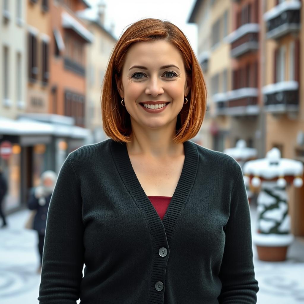 A 40-year-old Italian woman with a chic bob haircut and hair in a reddish-brown color