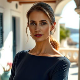 A Greek woman aged between 35 to 45 years old, elegantly dressed in closed attire that harmonizes with her graceful silhouette