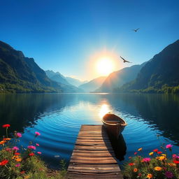 A majestic, serene landscape featuring a tranquil lake surrounded by lush, green mountains under a bright, blue sky