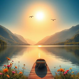 A majestic, serene landscape featuring a tranquil lake surrounded by lush, green mountains under a bright, blue sky