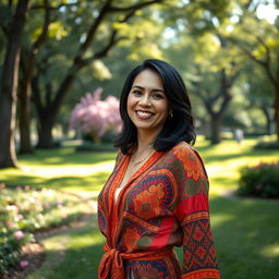 A full-length portrait of a Colombian woman aged 40-45 standing gracefully in a park