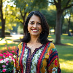 A full-length portrait of a Colombian woman aged 40-45 standing gracefully in a park