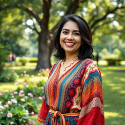 A full-length portrait of a Colombian woman aged 40-45 standing gracefully in a park