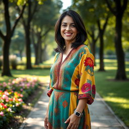 A full-length portrait of a Colombian woman aged 40-45 standing gracefully in a park