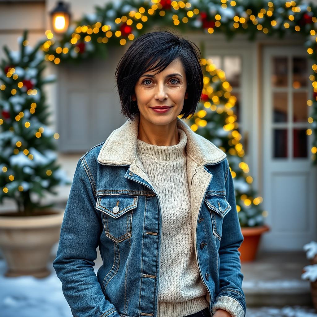 A 40-year-old Italian woman with a short hairstyle and deep black hair