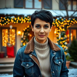 A 40-year-old Italian woman with a short hairstyle and deep black hair